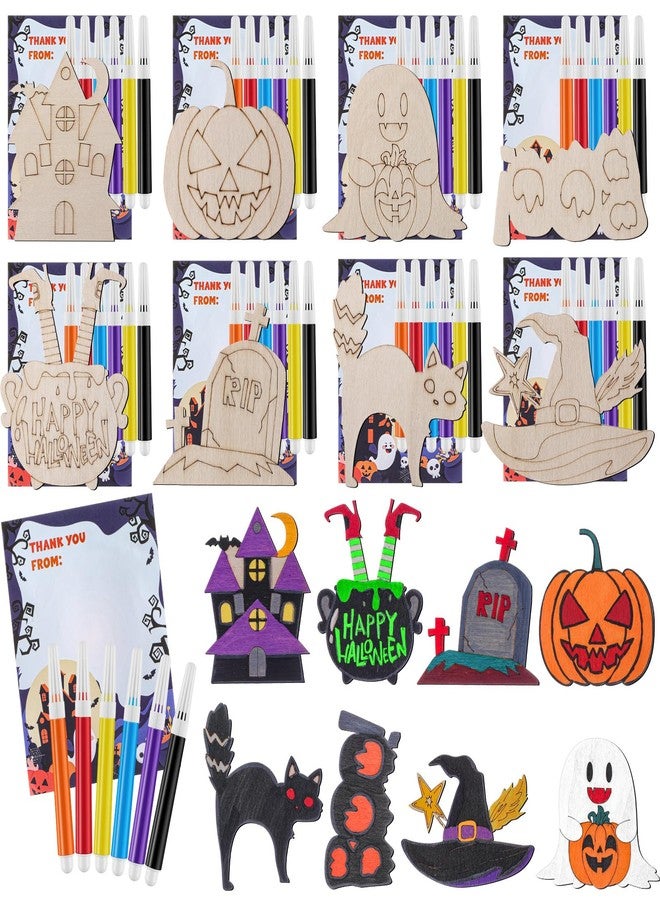 Potchen 24 Pcs Halloween Wooden Painting Crafts Kit Thank You for Coming Gifts for Kid Pumpkin Skull Bat Ghost Blank Unfinished Wooden DIY Crafts Paint Halloween Party - Image 1
